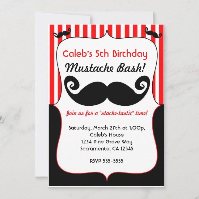 Mustache Bash Red White Black Striping Einladung (Vorderseite)