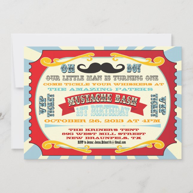 Mustache Bash Ticket Geburtstag Einladung (Vorderseite)