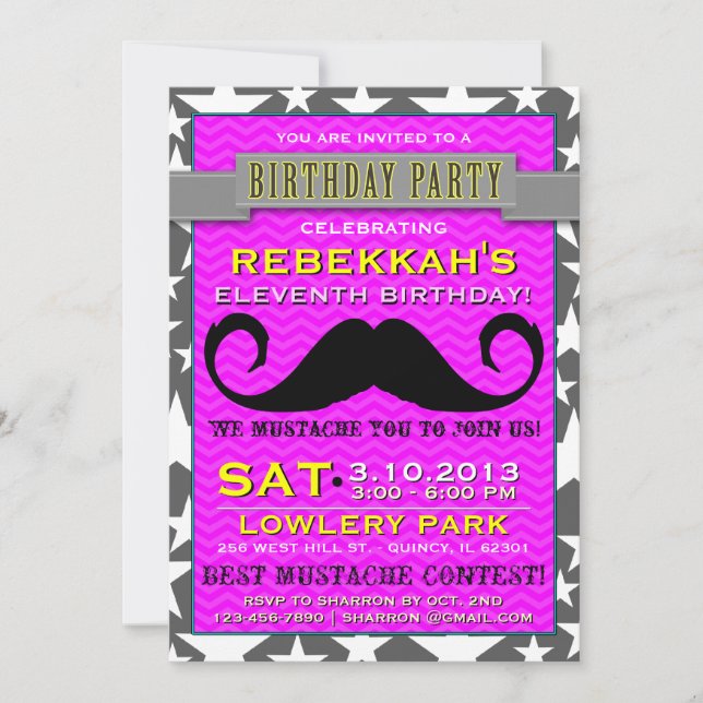 Mustache Bash Zickzack Geburtstagsparty Einladung (Vorderseite)