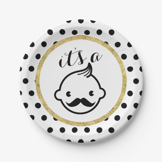 Mustache Boy Niedlich Polka Dots Baby Dusche Pappteller (Vorderseite)