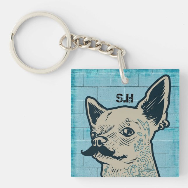 Mustache Chihuahua Graffiti Monogram Schlüsselanhänger (Vorderseite)