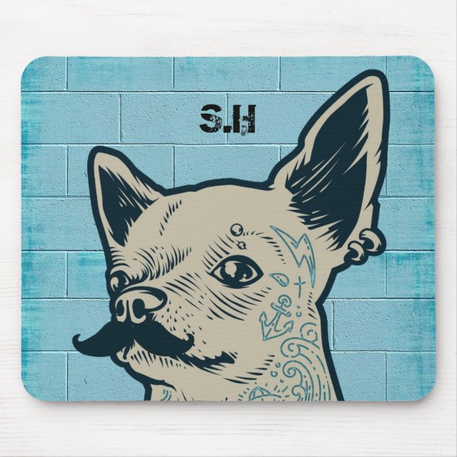 Mustache Chihuahua Graffiti Wall Monogram Mousepad (Vorne)