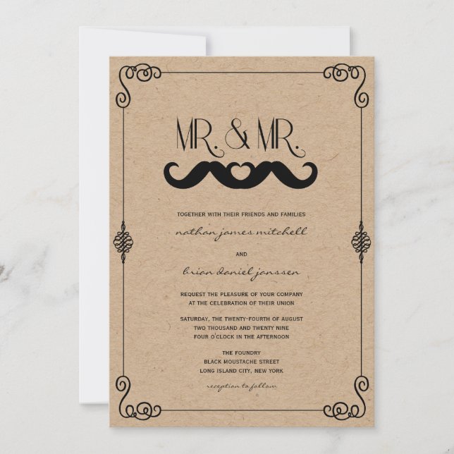 Mustache Liebe Vintage Kraft Paper Gay Wedding Einladung (Vorderseite)