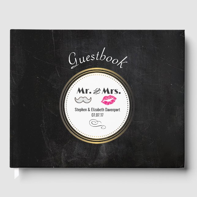 Mustache & Lips Mr. & Mrs. Black & Gold Wedding Gästebuch (Vorderseite)