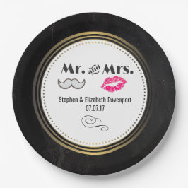 Mustache & Lips Mr. & Mrs. Black & Gold Wedding Pappteller