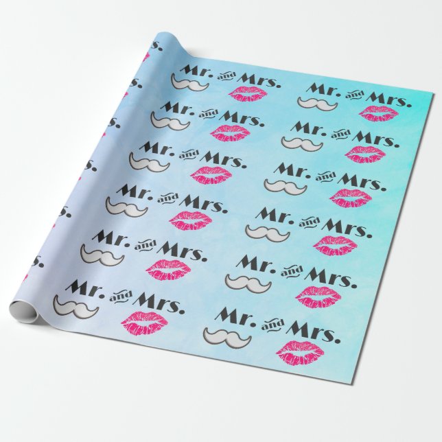 Mustache & Lips Mr. & Mrs. Pattern Geschenkpapier (Ungerollt)
