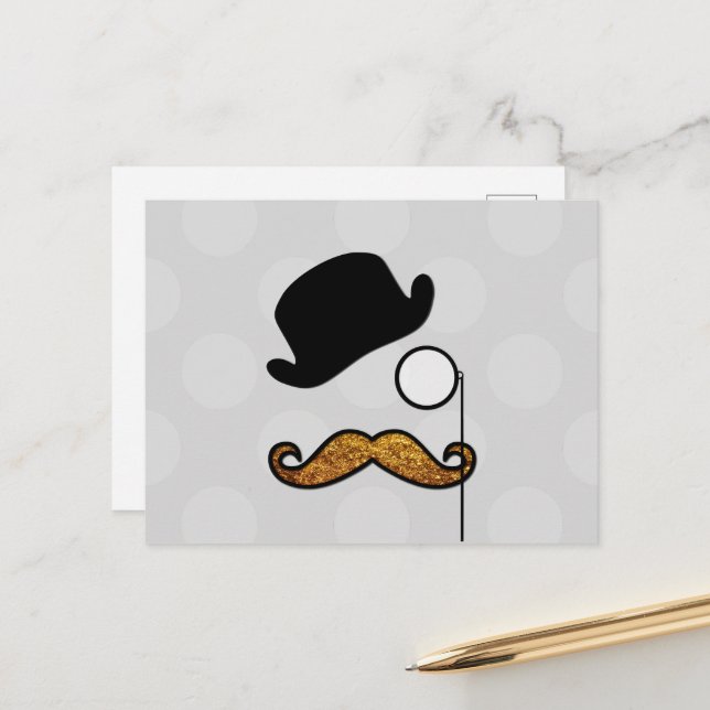 Mustache, Mustache, Stache, Monocle, Bowler Hat Postkarte (Vorderseite/Rückseite Beispiel)