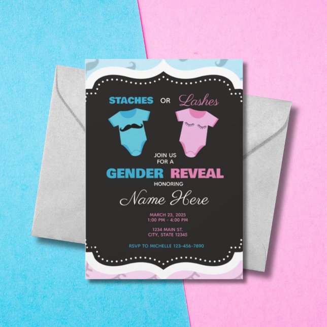 Mustache oder Eyelashes Pink Blue Gender Reveal Einladung (Von Creator hochgeladen)