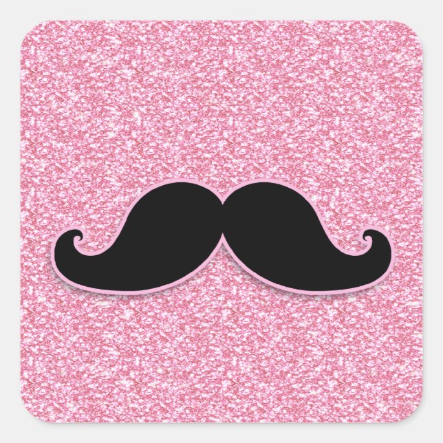 MUSTACHE-PINK-GLITZER MIT MUSTACHSCHWARZ QUADRATISCHER AUFKLEBER (Vorderseite)