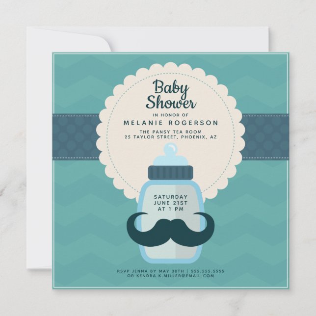 Mustache Polka Dot Aquamarine Babydusche Einladung (Vorderseite)