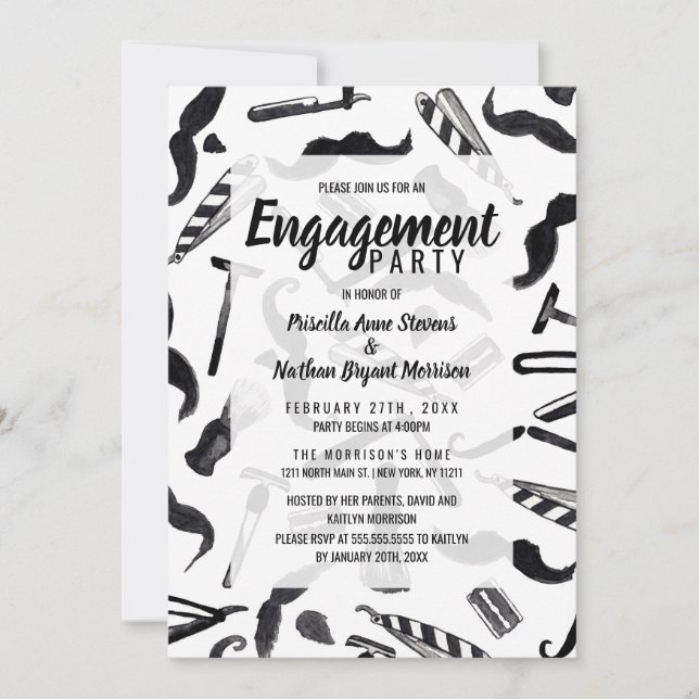 Mustache Razor Shaver Wasserfarbenmuster Einladung (Vorderseite)