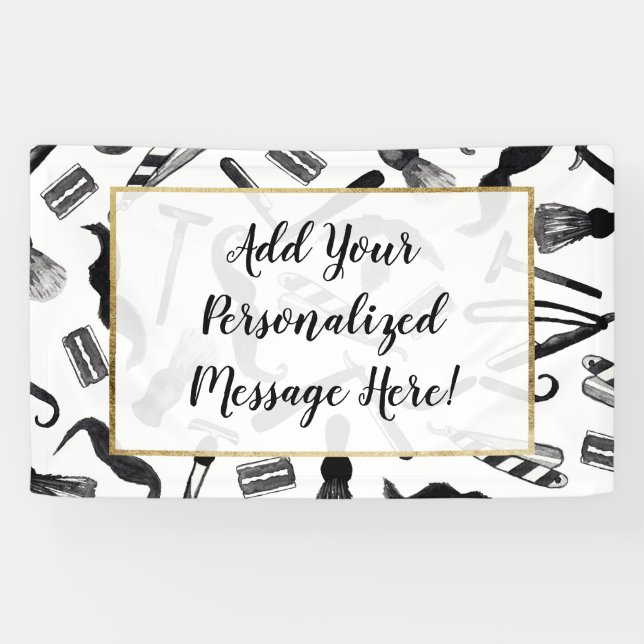 Mustache Razor Shaver Watercolor Barber Pattern Banner (Horizontal)