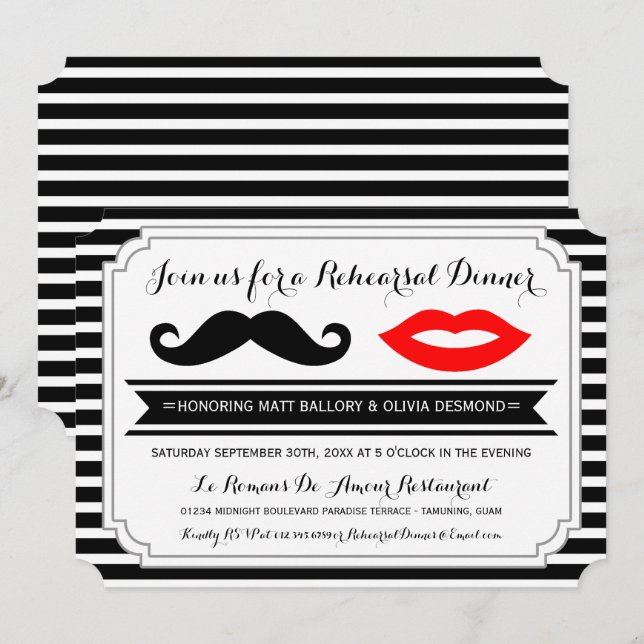 Mustache & Red Lips Probe Abendessen Einladung (Vorne/Hinten)