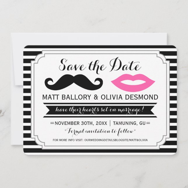 Mustache & rosa Lippen Hochzeitstreifen speichern  Save The Date (Vorderseite)