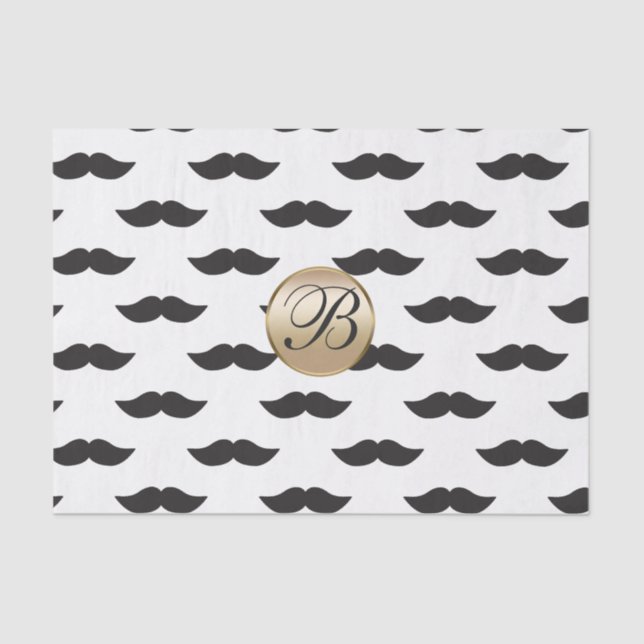 Mustache Schwarz-weiß Gold Monogram Party Seidenpapier (Vorderseite)