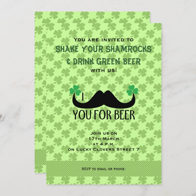Mustache Sie Bier St Patrick Day Clovers laden Einladung (Vorne/Hinten)