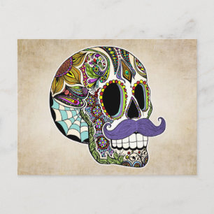 Mustache Sugar Skull Farbe Postkarte