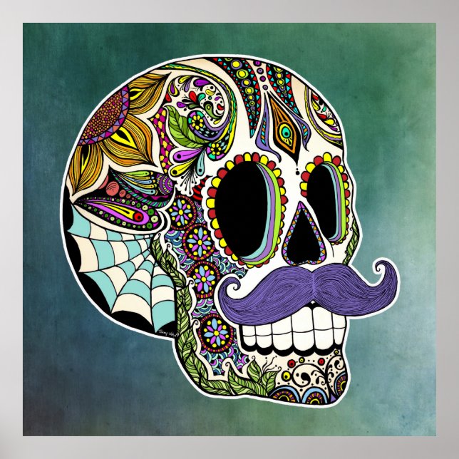 Mustache Sugar Skull Poster - Texturierter Hinterg (Vorne)