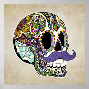 Mustache Sugar Skull Poster - Vintager Stil