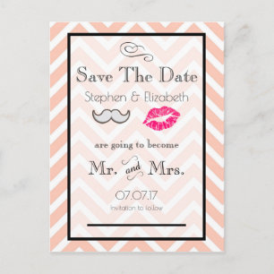 Mustache und Lippen Peach Zickzack Save the Date Ankündigungspostkarte