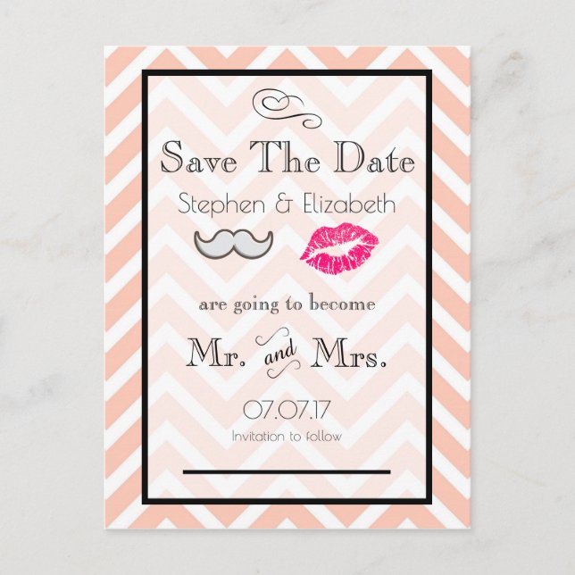 Mustache und Lippen Peach Zickzack Save the Date Ankündigungspostkarte (Vorderseite)