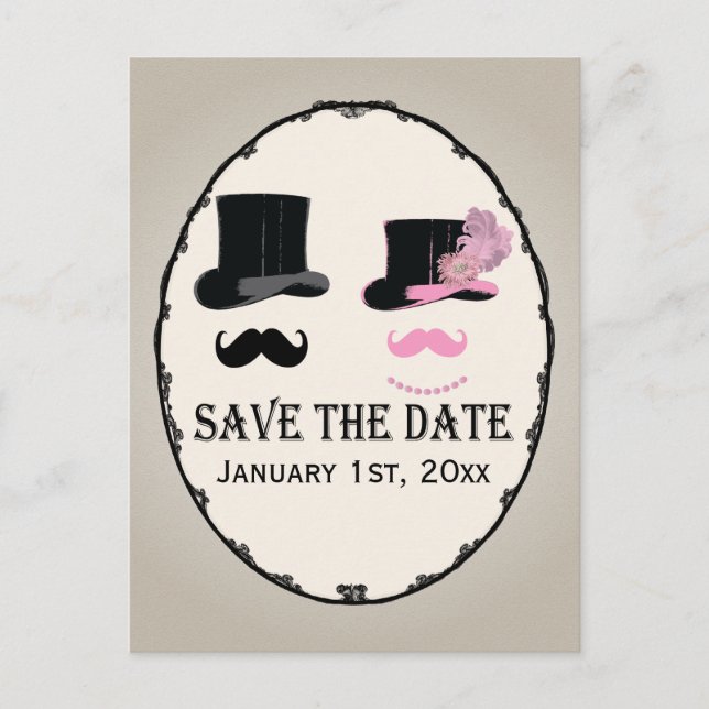 Mustache und Top-Hat-Save the Date-Karte Ankündigungspostkarte (Vorderseite)