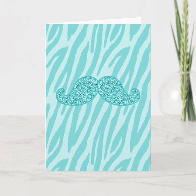 MUSTACHE ZEBRA-STREIFEN MIT AQUAMARINEM GLITZER KARTE (Vorderseite)