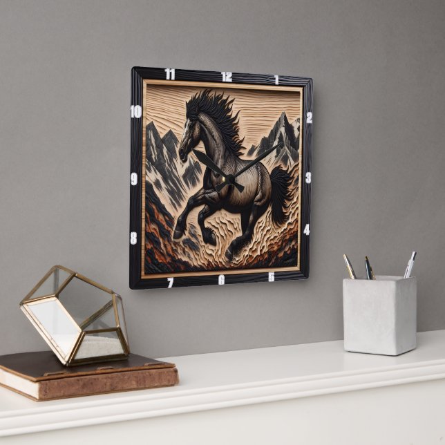 Mustang Bronc Kicking in einem Hochlandbecken Quadratische Wanduhr (Büro)