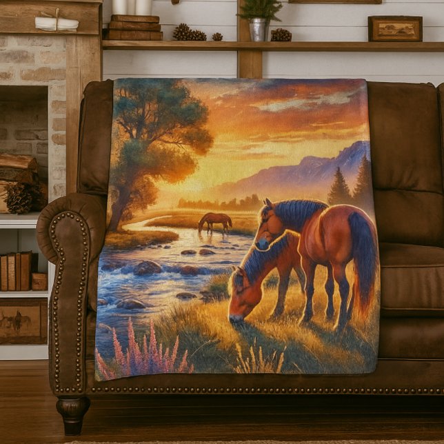 Mustang Horse Grazing by Stream at Sunset Fleecedecke (Cozy Western fleece blanket with wild horse artwork )