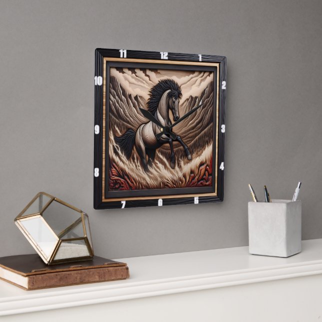 Mustang Range Horse Leaping im Bergholz Quadratische Wanduhr (Büro)