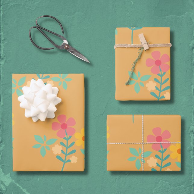 Mustard Retro Daisy Bouquet Muster Geschenkpapier Set (Von Creator hochgeladen)