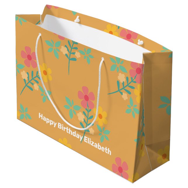Mustard Retro Daisy Bouquet Muster kundenspezifisc Große Geschenktüte (Rückseite Schrägansicht)