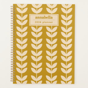 Mustard Retro Vibe Leaf Muster Monogramm Planer