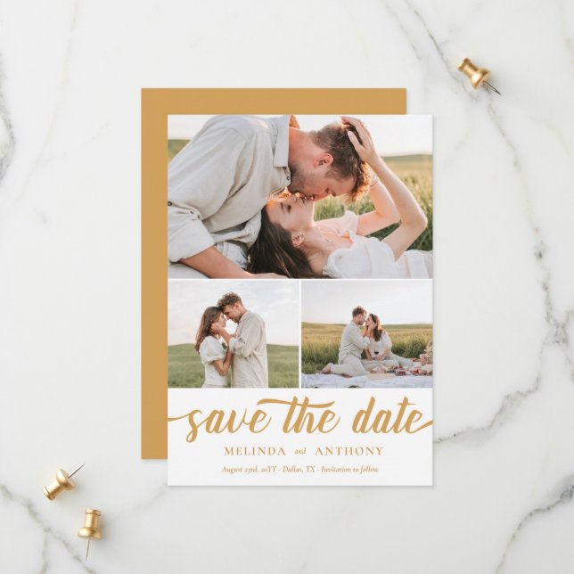 Mustard White EleganBold Fett Script Foto Collage Save The Date (Vorderseite/Rückseite Beispiel)