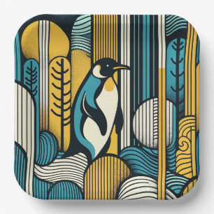 Mustard Yellow Aquamarin Blue Pinguin in Retro Geo Pappteller