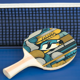 Mustard Yellow Aquamarin Blue Pinguin in Retro Geo Tischtennis Schläger