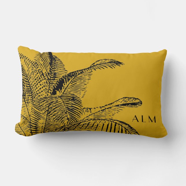 Mustard Yellow & Black Palm Leaf | MIT MONOGRAMM Lendenkissen (Vorderseite)