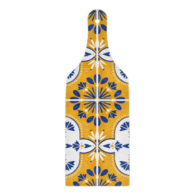 Mustard Yellow Blue Azulejo Pattern Portugiesisch Schneidebrett (Vorderseite)