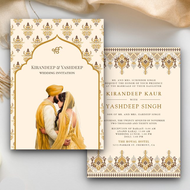 Mustard Yellow Cream Ikat Anand Karaj Sikh Wedding Einladung (Von Creator hochgeladen)