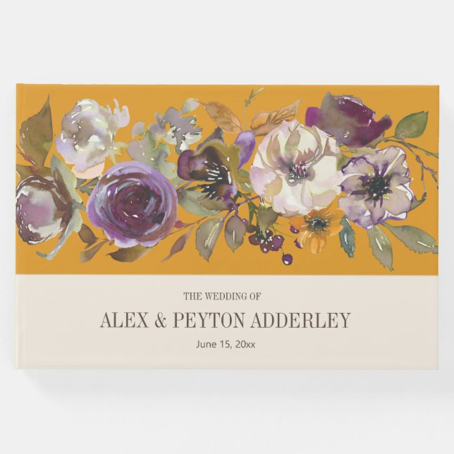 Mustard Yellow Cream Lila Blumenhochzeit Gästebuch (Vorderseite)