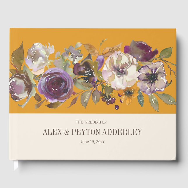 Mustard Yellow Cream Lila Blumenhochzeit Gästebuch (Vorderseite)