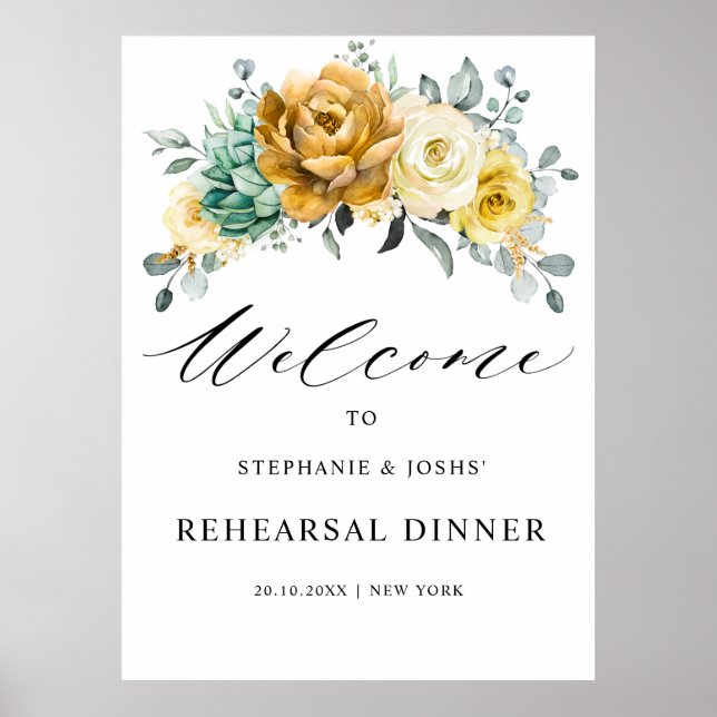 Mustard Yellow Floral Probe Dinner Willkommen Poster (Vorne)