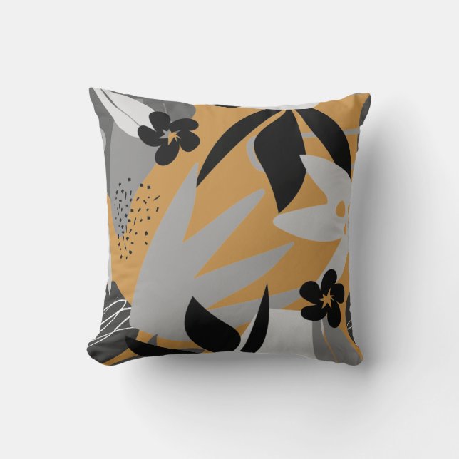 Mustard Yellow & Gray Abstrakte Blätter Kissen (Vorderseite)