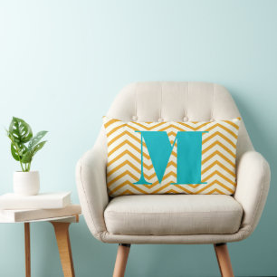 Mustard Yellow Ivory and Aqua Monogram Zig Zag Lendenkissen