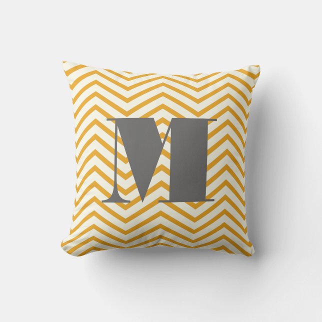 Mustard Yellow Ivory and Gray Monogram Zig Zag Kissen (Vorderseite)