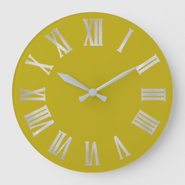 Mustard Yellow Lime Silver Gray Roman Number Große Wanduhr (Vorderseite)