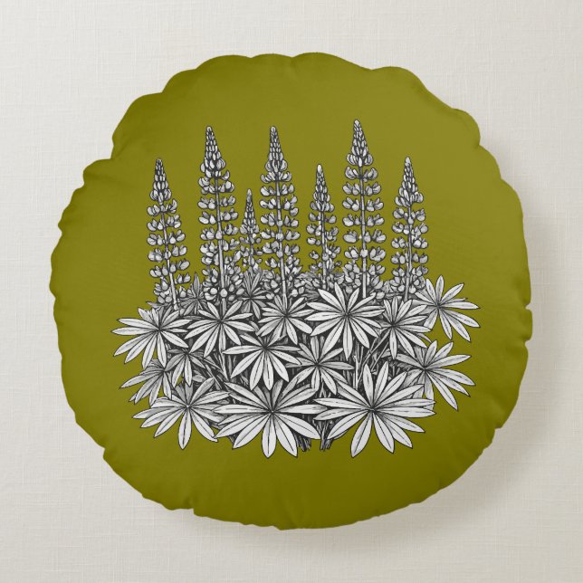 Mustard Yellow Lupine Floral Round Pillow Rundes Kissen (Vorderseite)