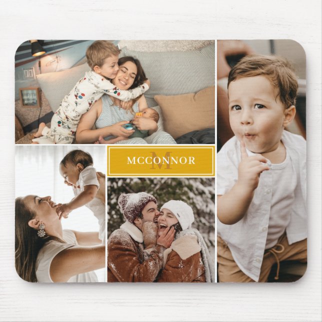 Mustard Yellow Modern 4 Foto Collage & Name Mousepad (Vorne)