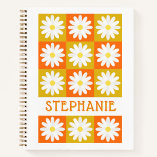 Mustard Yellow Orange Daisy Retro Checkerboard Notizbuch