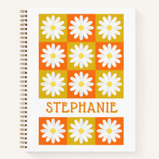 Mustard Yellow Orange Daisy Retro Checkerboard Notizbuch